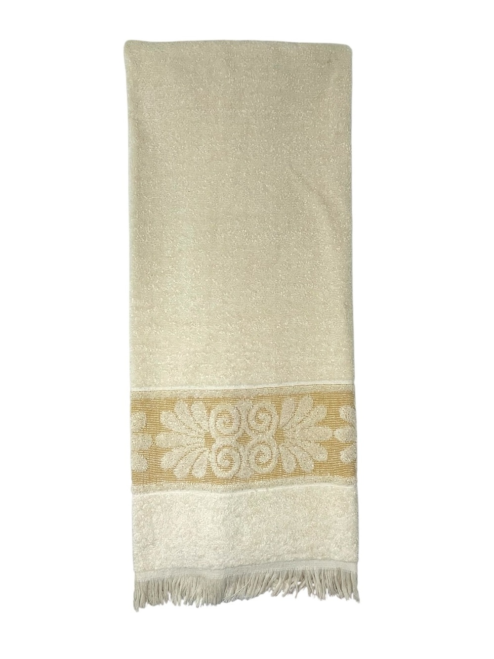 Vintage Cannon Monticello Bath Towel Cream Gold Sculpted Fringed 70s MCM